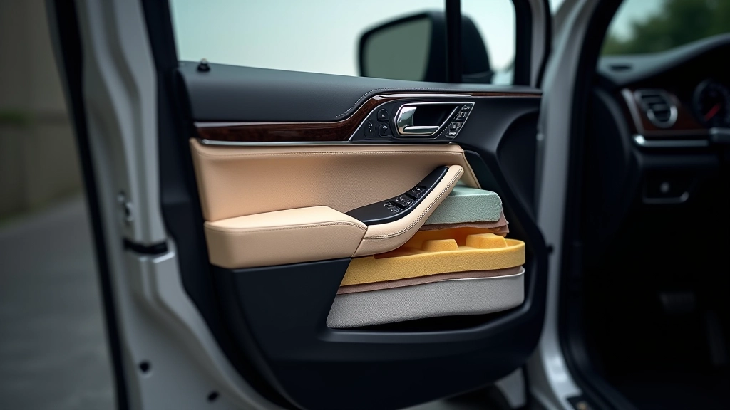 Side profile of Lexus RX 350 showing premium door design with acoustic insulation layers visible in cross-section cutaway illustration