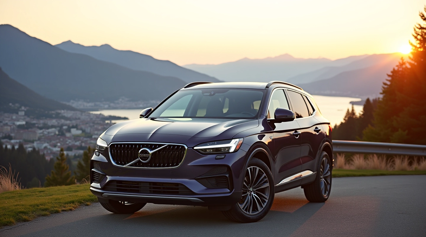 Luxury SUV parked in Vancouver scenic viewpoint with city skyline background