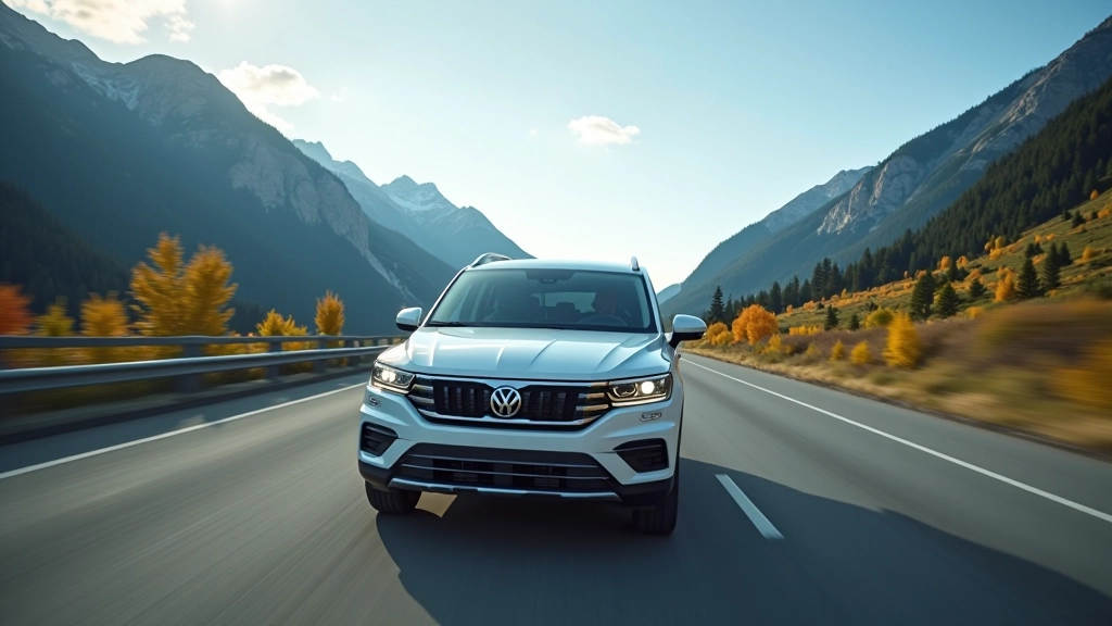 Honda Pilot driving on scenic mountain highway with family visible through windows, beautiful landscape backdrop, daylight